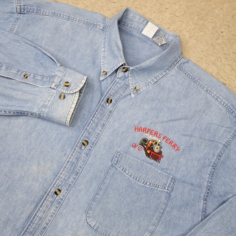 Harpers Ferry Denim Shirt Mens XL Blue Port Company Long Sleeve Button Down VTG
